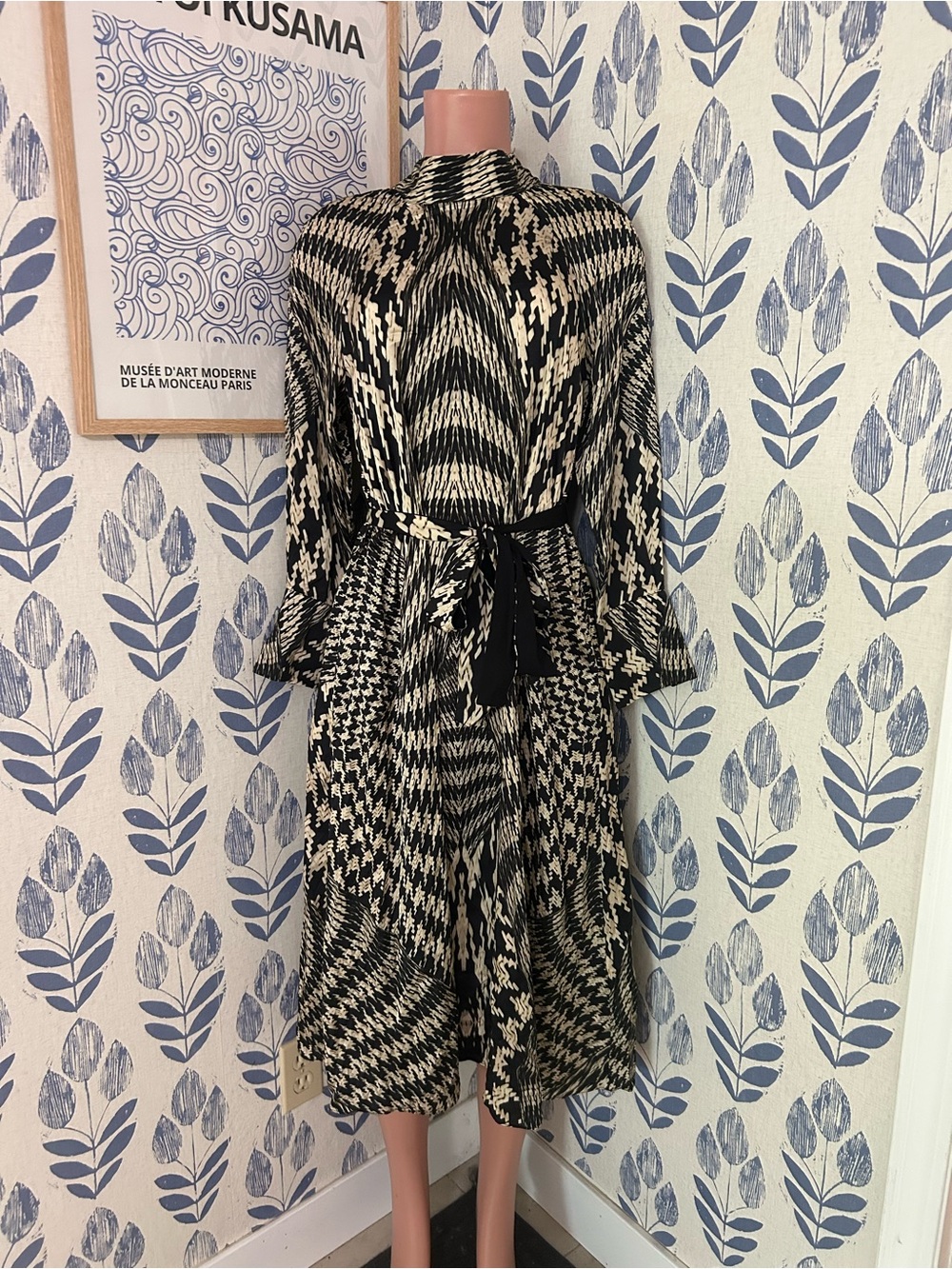 Reiss Black and Cream Geometric-Print Midi Dress with Waist Tie